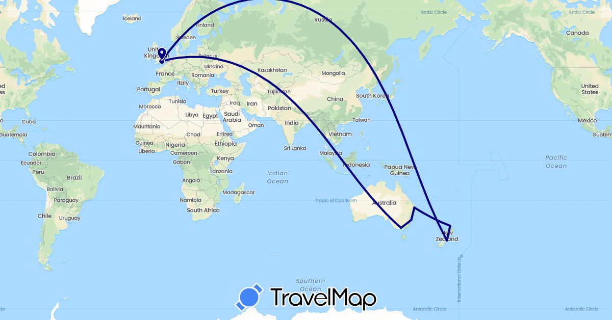 TravelMap itinerary: driving in Australia, United Kingdom, New Zealand (Europe, Oceania)